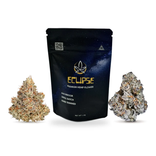 Eclipse Premium Hemp Flower 3.5g bag with two flower buds
